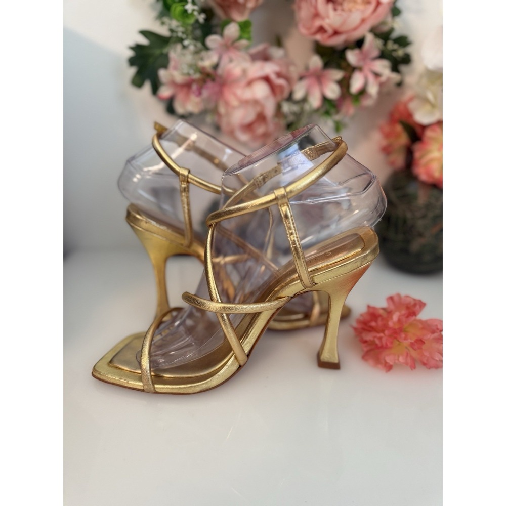 Schutz Womens Lovi‎ Metallic Gold Tone Leather Strappy 4.5" Square Heels Sz 7.5B